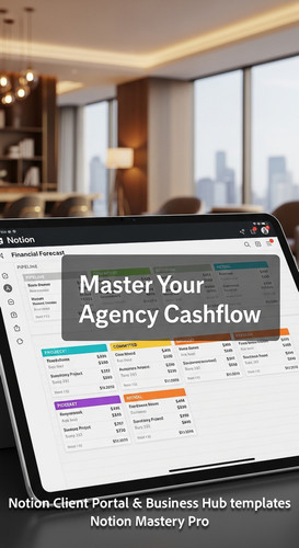 4 Blurred luxury office interior foreground tablet showing a Notion Financial Forecast database Over.jpg
