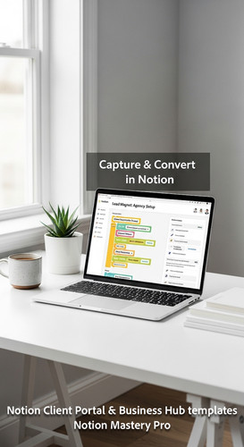 7 Minimalist white workspace with a laptop showing a Notion Lead Magnet setup for agencies Overlay C.jpg