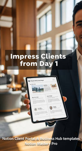 5 Professional holding an iPad in a bright lobby screen displaying a Notion portal with Client Welco.jpg