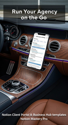 31 Luxury car interior with a phone in a mount showing a Notion Daily Agency Briefing page Overlay R.jpg
