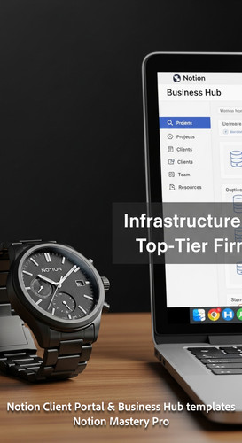 9 Closeup of a designer watch next to a laptop screen showing a Notion Business Hub with a stylized .jpg