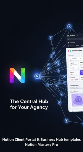 10 Abstract glowing network of nodes connecting a Notion logo to a Client Portal UI mockup Overlay T.jpg