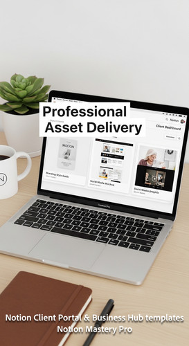 26 Topdown desk shot MacBook showing a Notion Client Dashboard with a gallery view of project assets.jpg