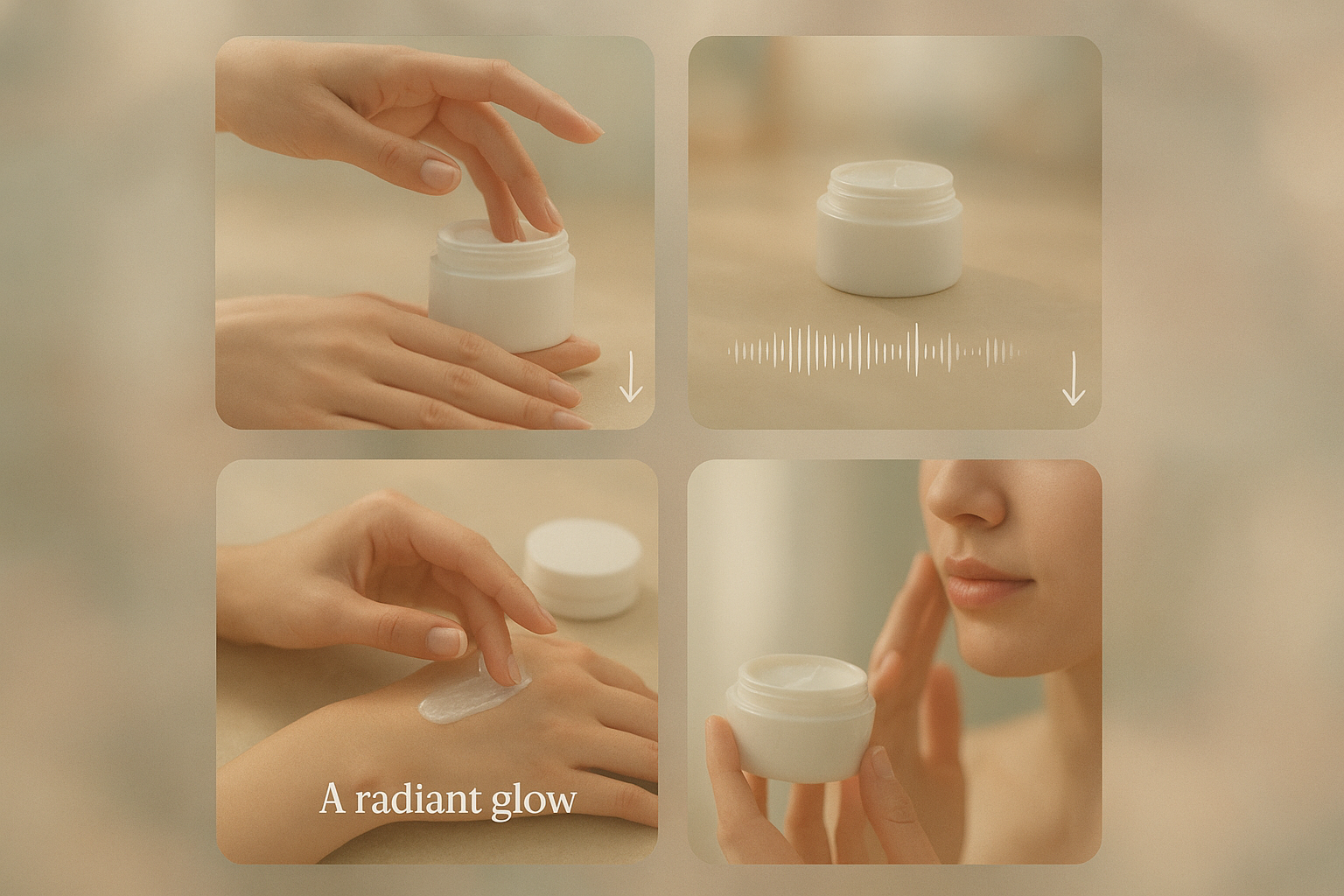 A vertical smartphone frame displaying a storyboard of five scenes for a lifestyle ad. Each panel shows consistent hands, skincare jars, and soft daylight. Arrows indicate transitions, waveform overlays suggest voiceover, and captions float elegantly. Pastel color grading, cinematic bokeh, tactile textures, photorealistic render.
