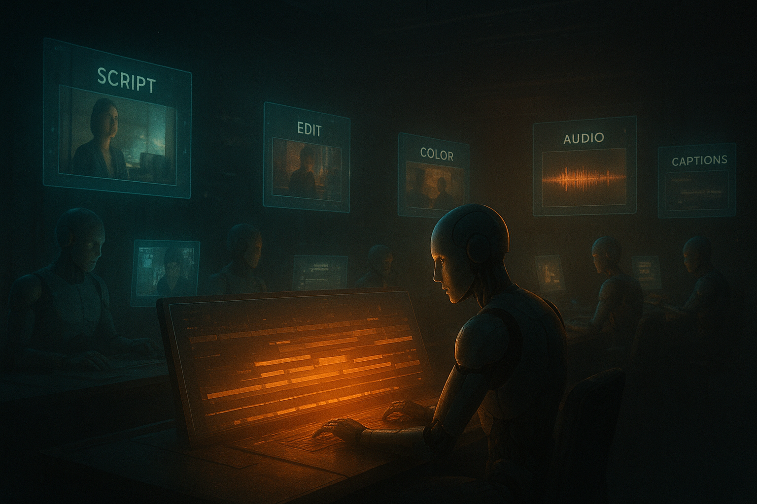A cinematic control room where autonomous agents review clips on floating screens labeled script, edit, color, audio, captions. A final master timeline glows at center with export lights completing. Cool teal and warm amber lighting, realistic materials, film grain texture, high fidelity concept art.