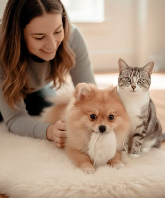 Cozy Moments: A Girl’s Joyful Bond with Her Playful Puppy and Calm Cat
