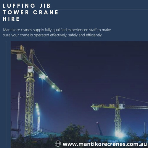 Mantikore Cranes provides well-maintained luffing jib tower crane hire services at competitive price in Sydney and the surrounding area. We are the cranes specialist with over 20 years of experience in the construction industries. We Provide the best cranes for sale or hire. Our cranes and personnel are suitably skilled and experienced to overcome all kinds of crane challenges. Ranging from small to large projects we have a crane to meet your needs. Our experience and knowledge ensure that you receive quality new and used cranes for sale throughout Australia at a reasonable price. Also, you can hire tower crane, self-erecting cranes, and electing Luffing cranes etc. Hire now:1300626845. The opening timing is Monday to Friday 7 am to 7 pm. Drop your requirement at info@mantikorecranes.com.au.

Or visit us at https://mantikorecranes.com.au/