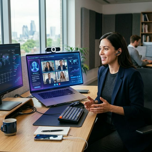 Modern corporate desk running AI video conference tools