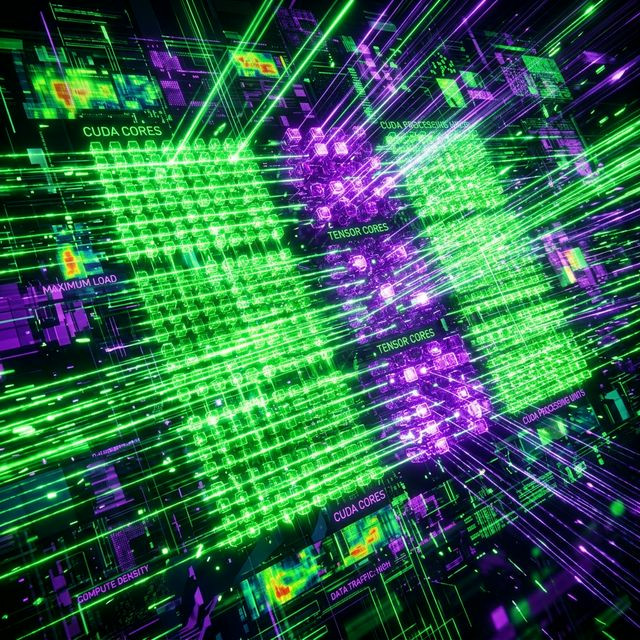 Abstract visualization of Tensor cores and CUDA processing units running