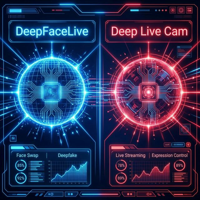 Glowing neon split screen comparing DeepFaceLive and Deep Live Cam