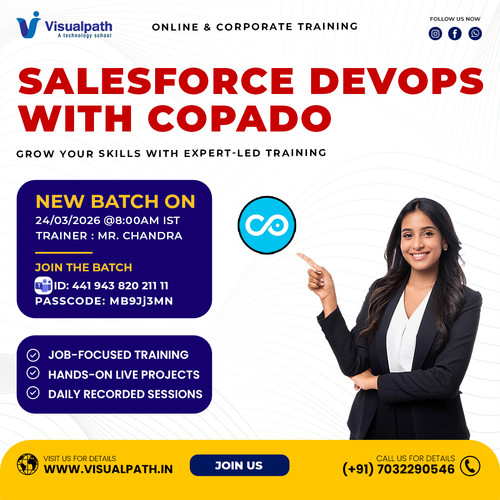 🔥 New Batch: Salesforce DevOps with Copado Training – Enroll Now!
Join Visualpath’s Salesforce DevOps with Copado Training and gain real-time expertise in CI/CD, release management, and automated deployments.

✨ Batch Details:
📅 Date: 24th March 2026
🕗 Time: 8:00 AM IST
👨‍🏫 Trainer: Mr. Chandra
🔗 Join Now: https://bit.ly/4sFOrP4
🆔 Meeting ID: 441 943 820 211 11
📌 Passcode: MB9Jj3MN

📞 Call/WhatsApp: +91 7032290546
🌐 Website: https://www.visualpath.in/online-salesforce-devops-training.html
📝 Blog: https://visualpathblogs.com/category/salesforce-devops-with-copado/