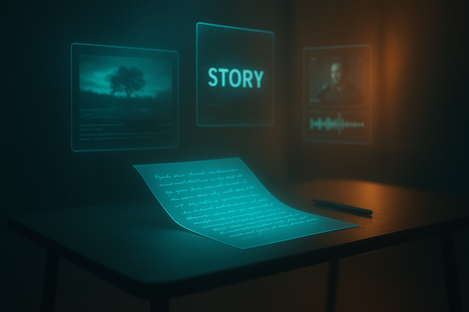 A moody, hyperreal scene of an invisible storyteller at a minimalist desk where glowing scripts morph into floating screens showing b‑roll clips, kinetic text, and waveform narration. The studio is lit by cool cyan and warm amber accents, with volumetric light, shallow depth of field, and subtle film grain. A surreal yet professional aesthetic that evokes automated creativity without showing any human faces.
