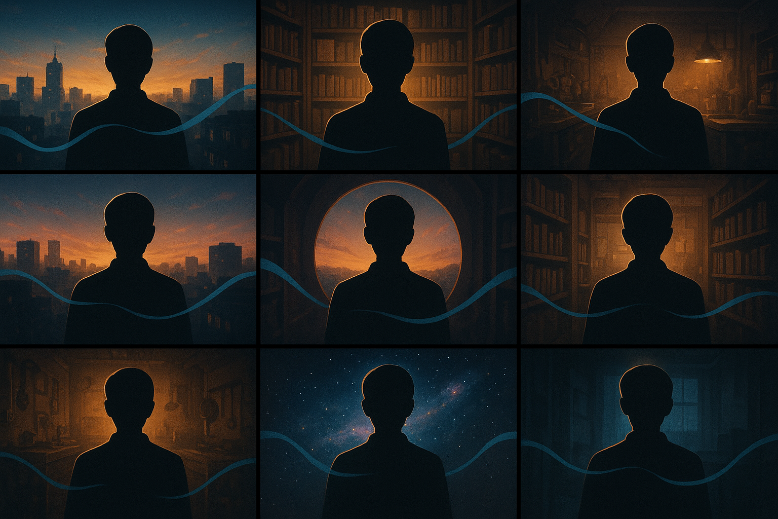 A storyboard grid of twelve frames showing the same silhouetted narrator icon recurring across diverse scenes — cityscape, library, workshop, cosmic panorama — each with matching color palette and lighting. Hybrid of cinematic realism and stylized anime influences, crisp rim lighting, gentle film grain, and a unifying accent motif weaving through frames.