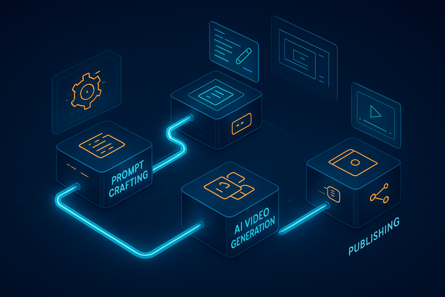 An isometric, neon-lit automation pipeline showing nodes connected by glowing conduits: trigger, prompt crafting, AI video generation, and publishing. Each node is a sleek geometric module with tiny animated icons for script, storyboard, b‑roll, voiceover, and captions. Futuristic UI panels hover above, all in a clean cyber‑aesthetic with deep blues, teals, and warm highlights.