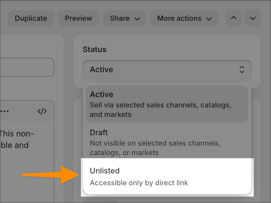 Shopify product status dropdown showing the Unlisted option