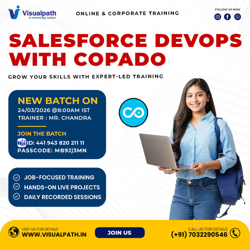 🔥 FREE Salesforce DevOps with Copado Live Demo – Join Now!
 Join Visualpath’s FREE Salesforce DevOps with Copado Demo and build real-time skills in CI/CD, release management, and automated deployments.

✨ Demo Details:
📅 Date: 24th March 2026
🕗 Time: 8:00 AM IST
👨‍🏫 Trainer: Mr. Chandra
🔗 Join Now: https://bit.ly/4sFOrP4
🆔 Meeting ID: 441 943 820 211 11
📌 Passcode: MB9Jj3MN

📞 Call/WhatsApp: +91 7032290546
🌐 Website: https://www.visualpath.in/online-salesforce-devops-training.html
📝 Blog: https://visualpathblogs.com/category/salesforce-devops-with-copado/