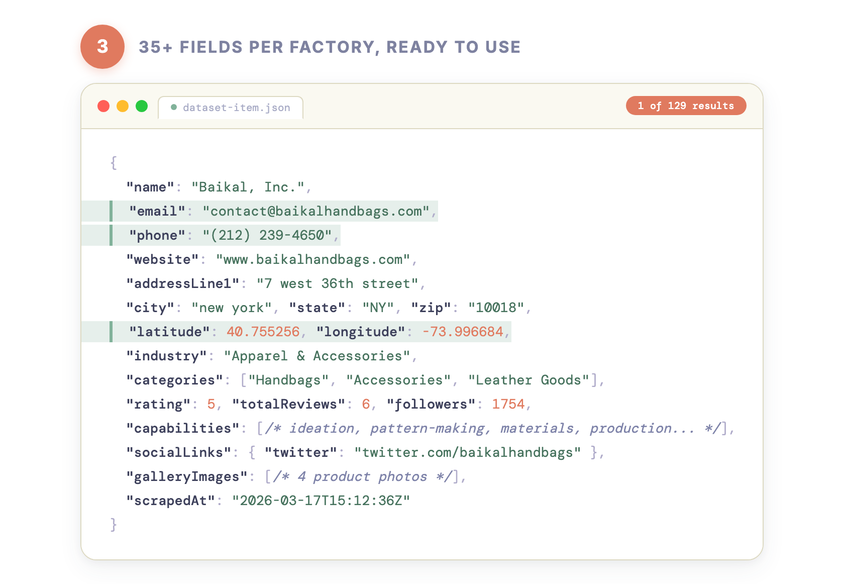 Step 3 — 35+ fields per factory, ready to use