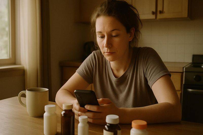 Woman researching supplements at kitchen table