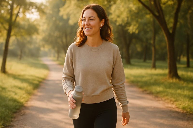 Woman walking in park feeling energized