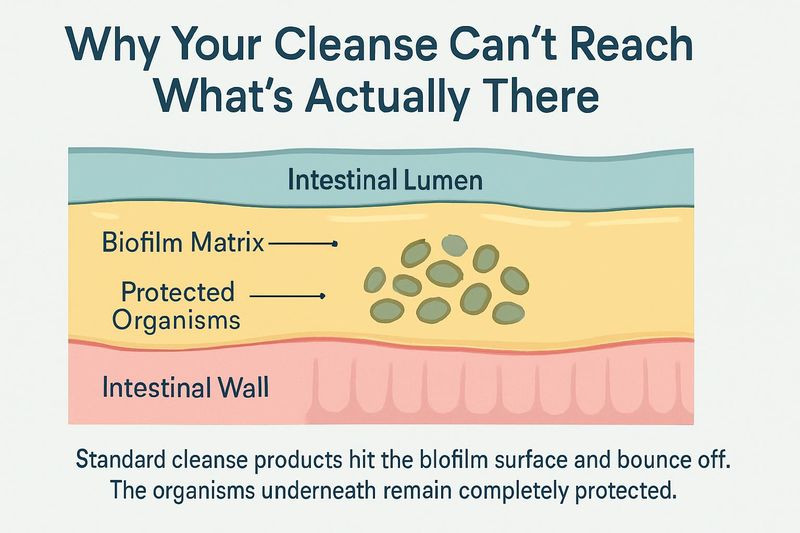 Why your cleanse can't reach what's actually there - biofilm cross-section diagram