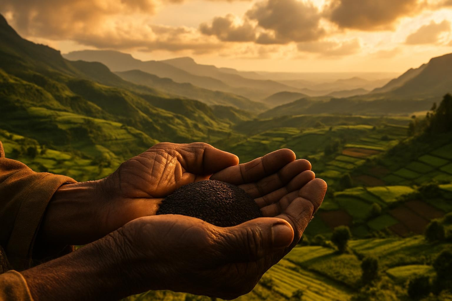 Ethiopian highlands with hands holding black seeds