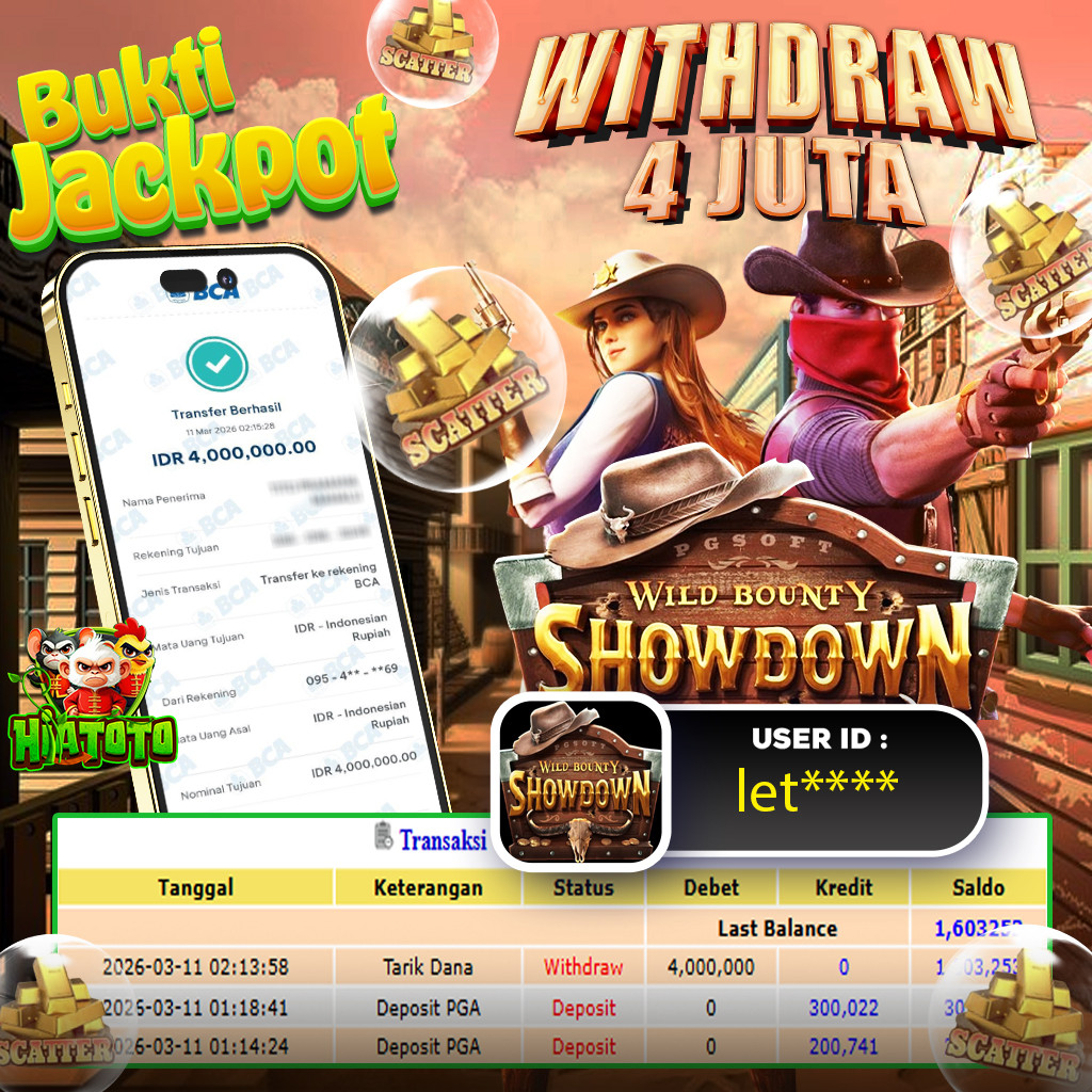 HIATOTO JACKPOT!!! Jackpot WILD BOUNTY SHOWDOWN Sebesar Rp 4.000.000 Juta Di Bayar Lunas!