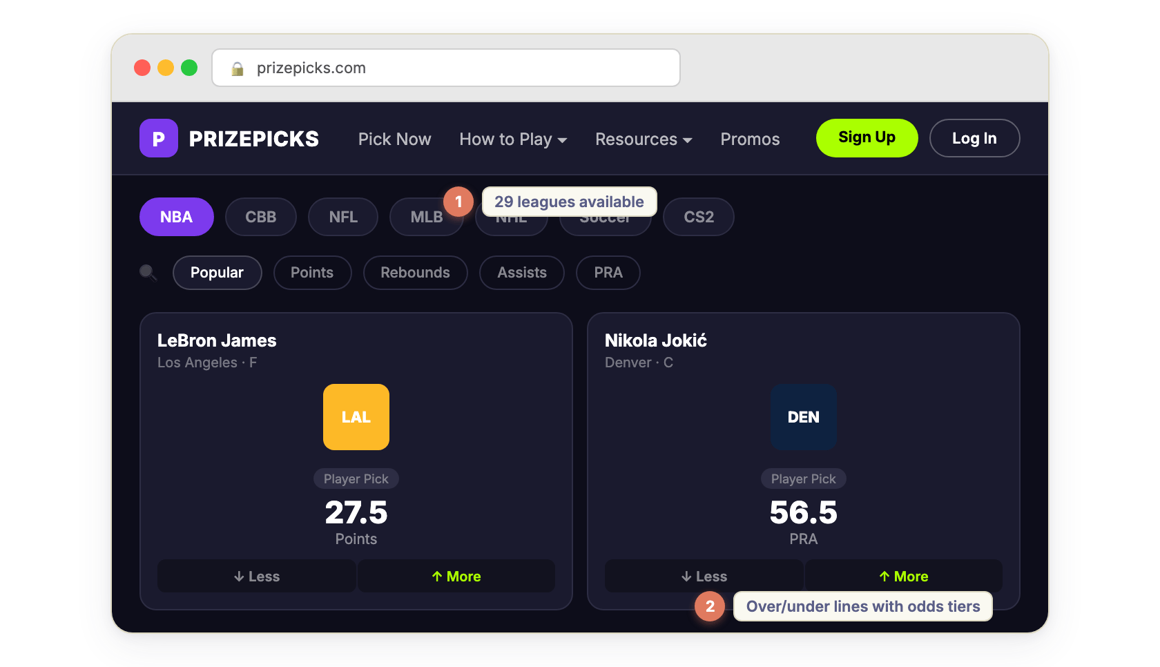 PrizePicks — player prop lines across 29 leagues