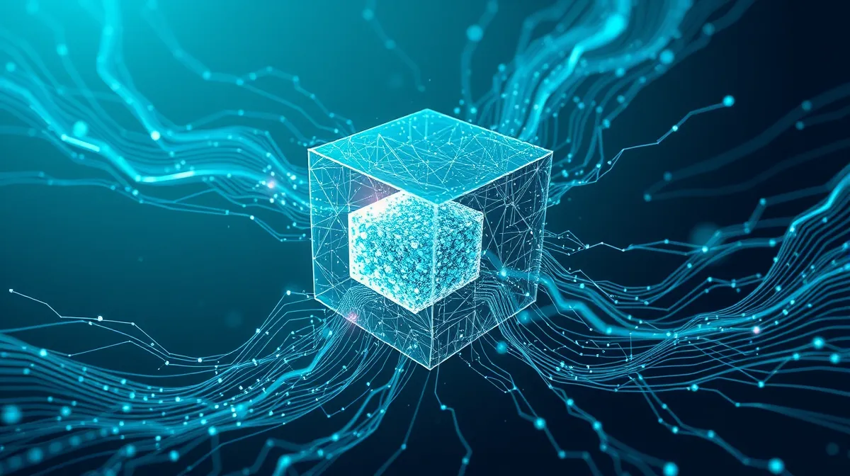 Abstract editorial illustration of extreme data compression, showing a large geometric cube collapsing into a small dense crystal with data streams flowing around it