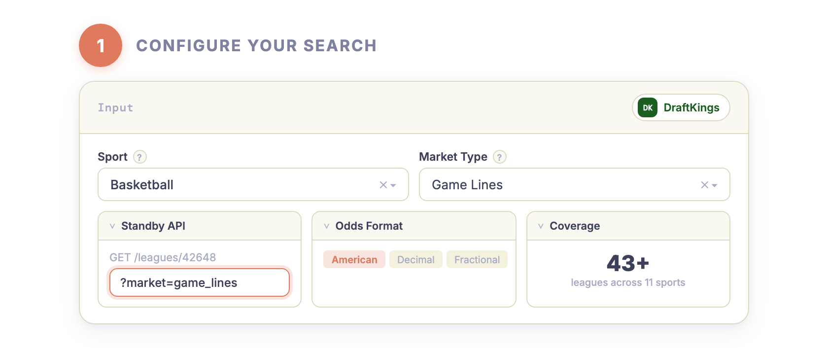DraftKings odds API — configure sport and market type