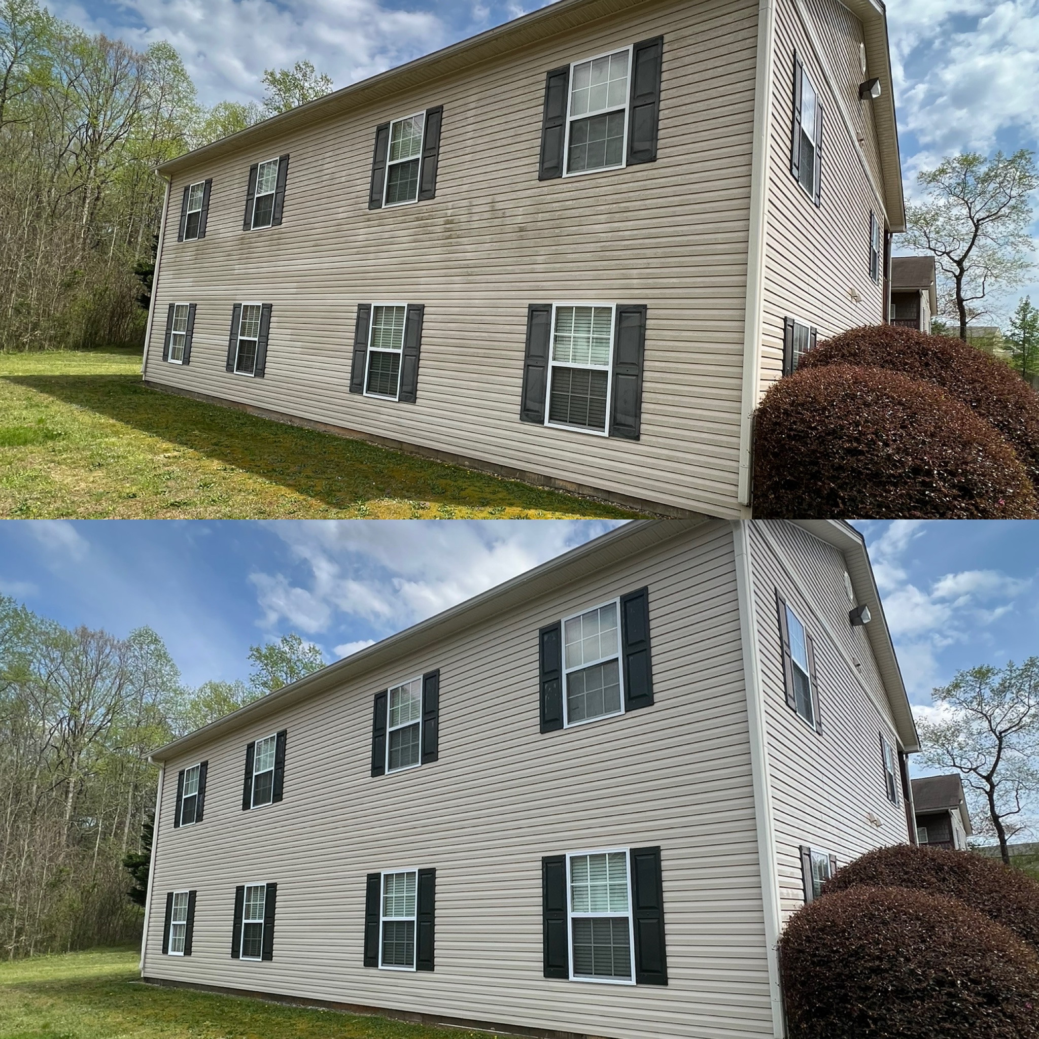 House washing before and after showing clean vinyl siding in North Georgia