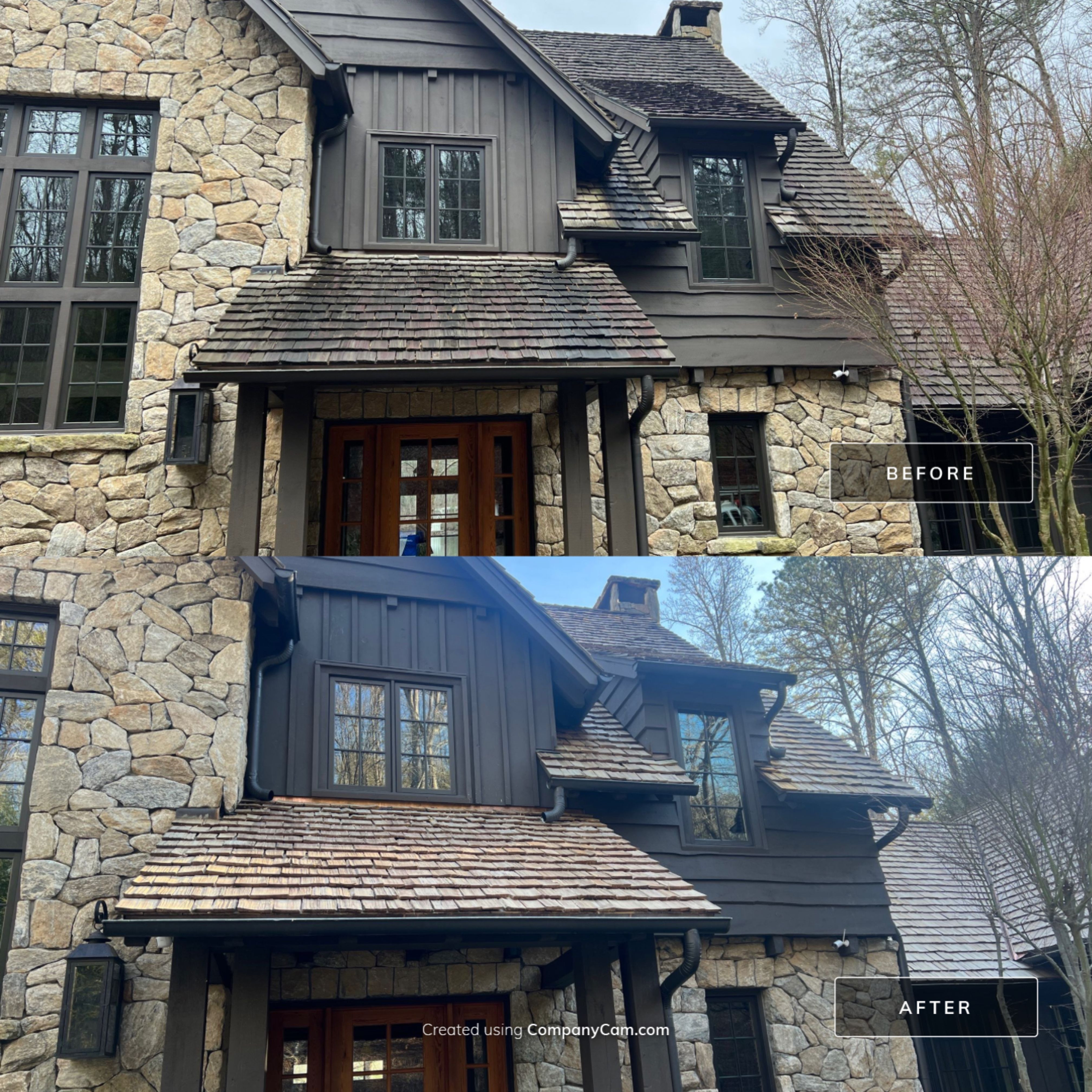 Mountain stone home exterior cleaning before and after in Clarkesville Georgia