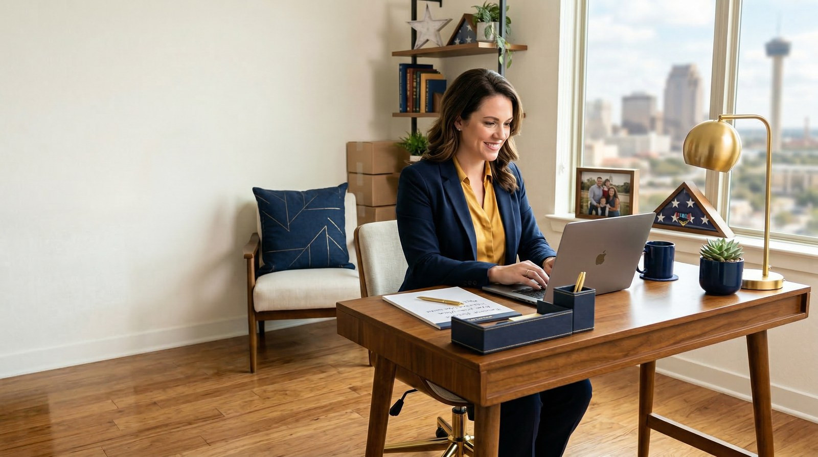 JBSA military spouse working from a new San Antonio home office during a PCS move