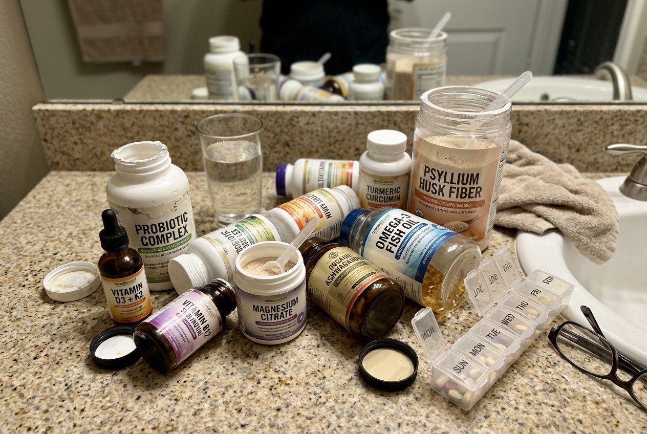 Bathroom counter covered in supplement bottles that didn't work