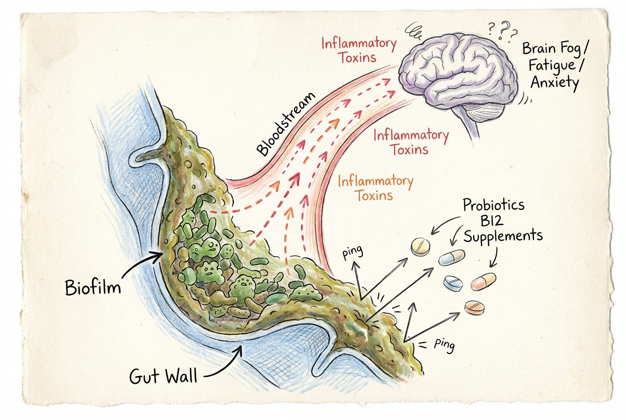 Diagram showing why brain supplements can't reach the real cause of cognitive decline