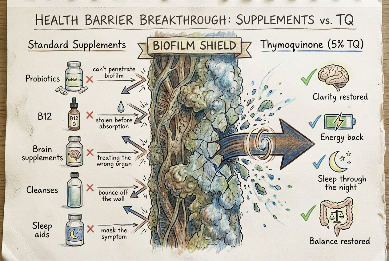Why standard brain supplements fail vs how thymoquinone addresses the root cause through biofilm disruption