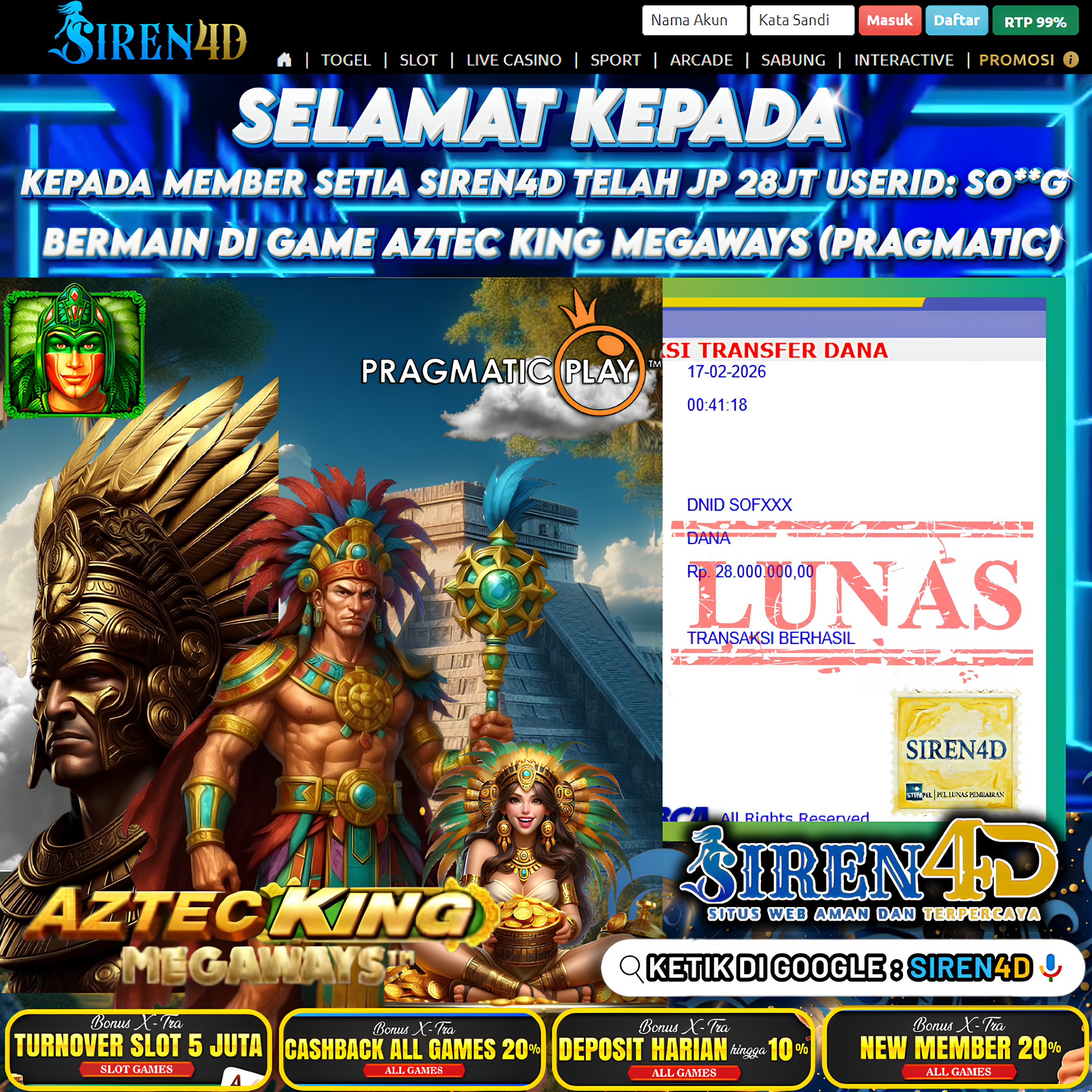 SIREN4D  - TELAH JACKPOT BESAR DI GAME  AZTEC KING MEGAWAYS (PRAGMATIC)  RP 28JT DIBAYAR LUNAS
