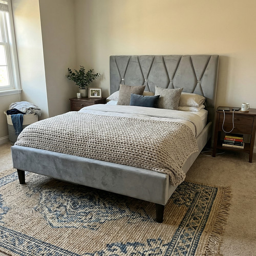 Our bedroom feels much warmer with this grey bed frame double.jpg
