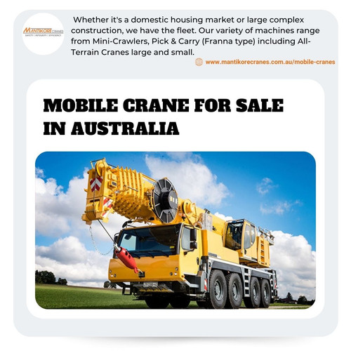 If you are located in Sydney and want the mobile crane for sale in Australia for your construction sites? Mantikore Cranes provides best crane services. We assure that you will receive the best crane trucks in Sydney.  We are committed to completing all projects safely, efficiently, on budget and on-time. We also provide buyback options once your crane has completed your project. We have more than 20 years of experience working in the crane hire industries in Australia. We assure you that you will receive the best crane hire services.  We are providing Tower Cranes, Mobile Cranes, Self-Erecting Cranes, and Electric Luffing Cranes. Our professionals will provide you with the effective solutions and reliable services that can help you to solve technical problems that might occur sometimes. To know more about our services, you may visit on the website. Contact us at 1300626845.

•	Website: https://mantikorecranes.com.au/mobile-cranes/
•	Address:  PO BOX 135 Cobbitty NSW, 2570 Australia