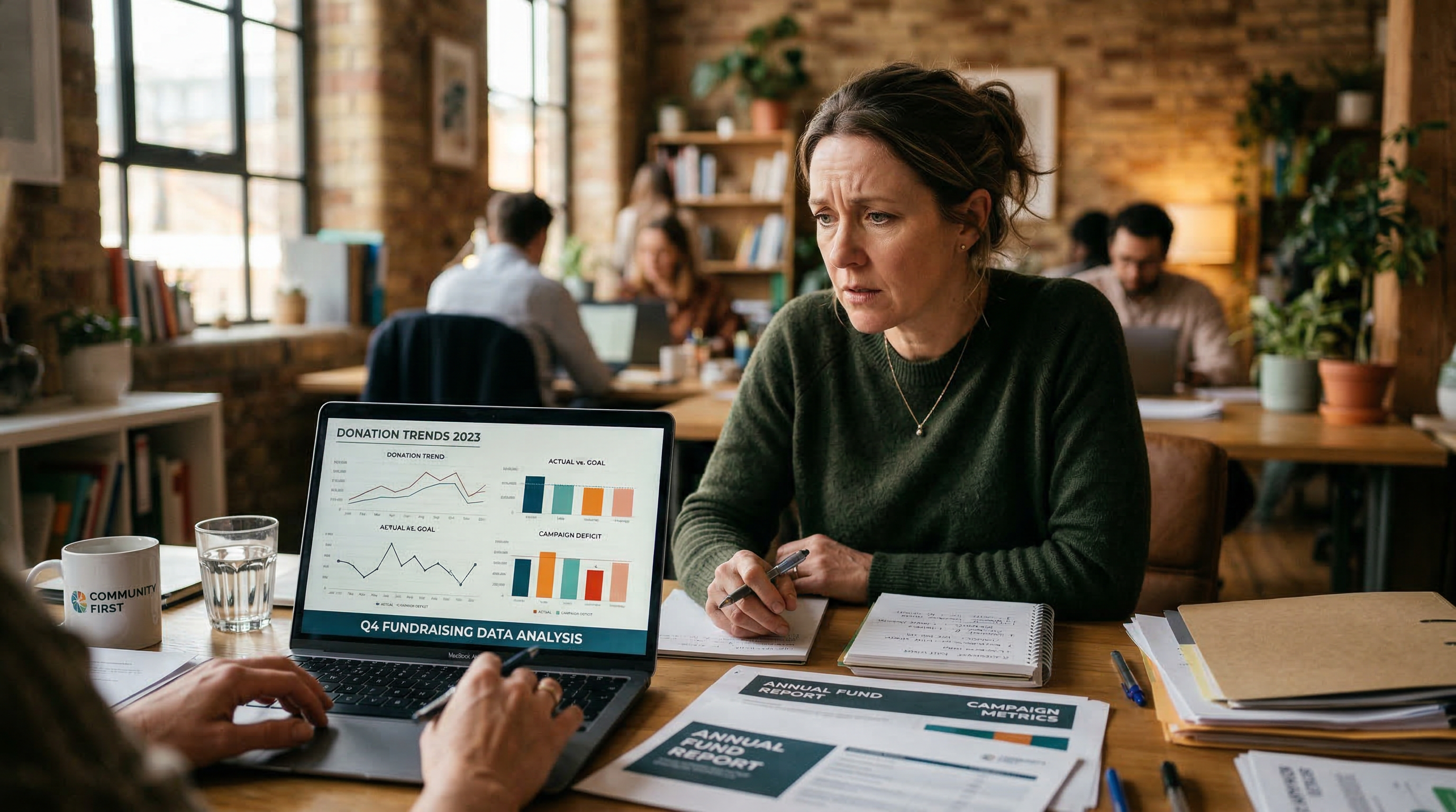 Nonprofit fundraiser reviewing donation trends and campaign data