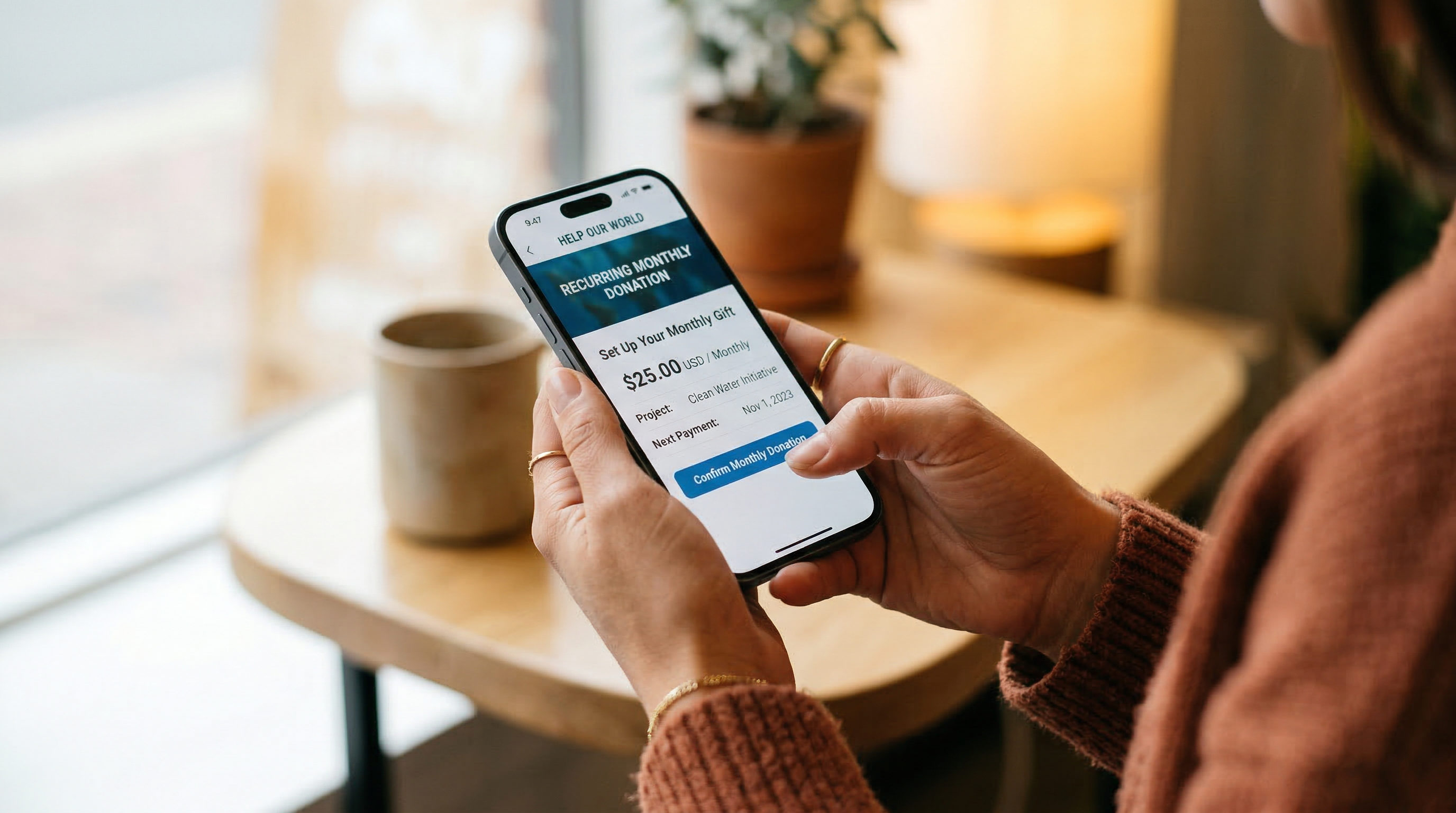 Donor setting up a recurring monthly donation on their phone