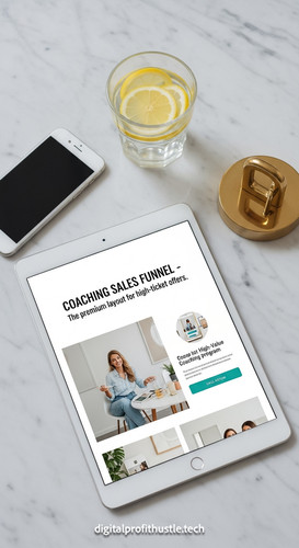 38 Topdown view of a tablet showing a sales page for a coaching program a gold paperweight a white i.jpg