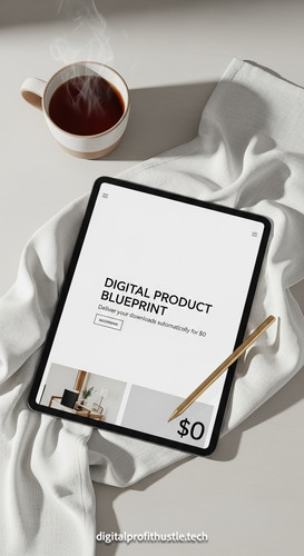 42 Minimalist flat lay of a tablet showing a digital product delivery page a gold stylus a white lin.jpg