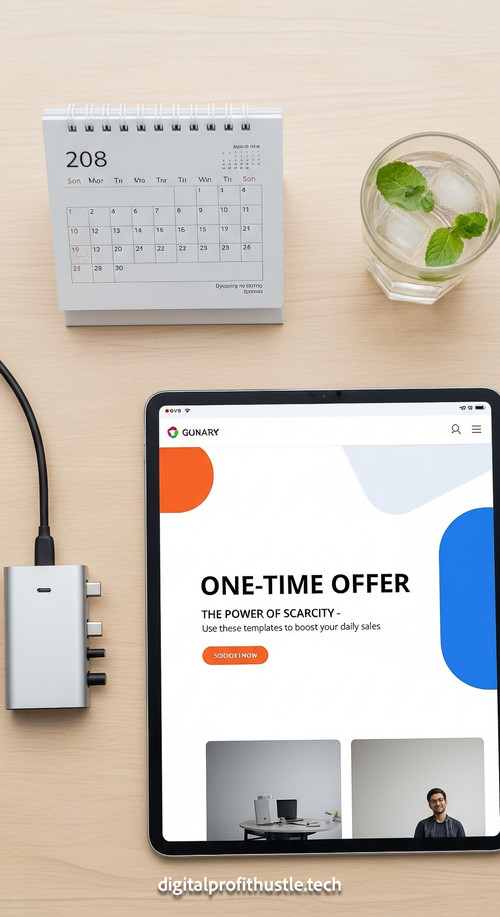 34 Topdown view of a tablet with a OneTime Offer page a silver USBC hub a minimal white calendar and.jpg