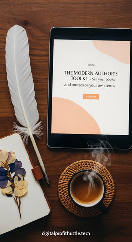 71 Overhead shot of a tablet showing a sales page for an ebook a quill pen a dried flower bookmark a.jpg