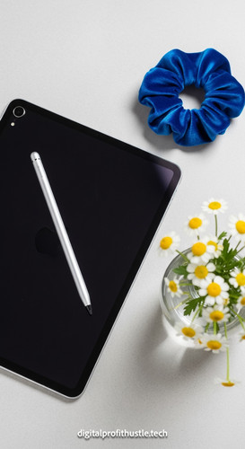 59 Overhead shot of a tablet displaying a sales page a silver stylus a blue velvet scrunchie and a s.jpg