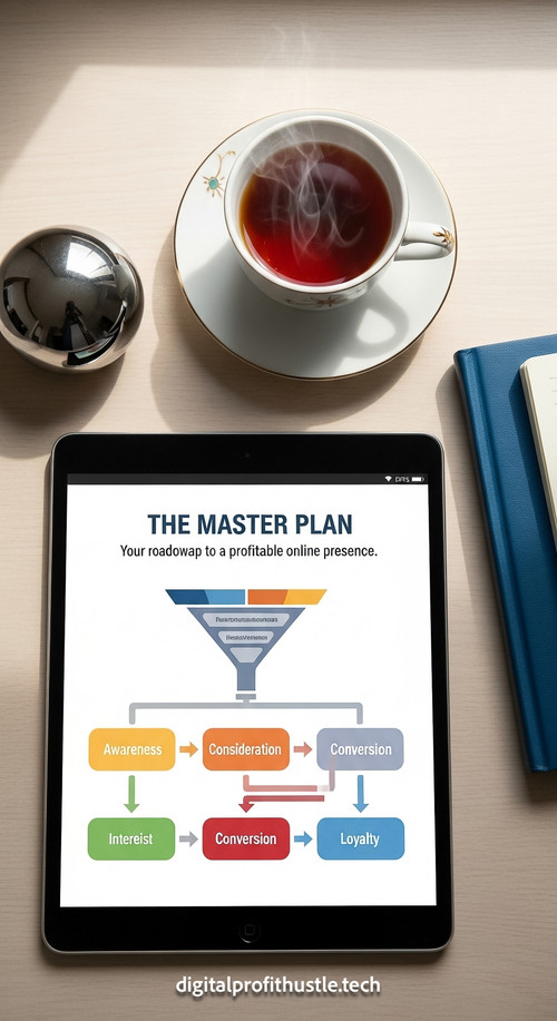 57 Topdown view of a tablet showing a funnel flowchart a silver paperweight a blue leather journal a.jpg
