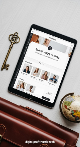 72 Flat lay of an iPad showing a membership portal design a brass key a leather satchel edge of fram.jpg