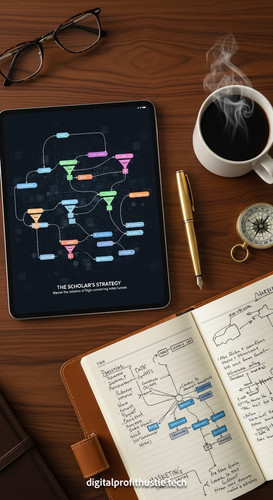 66 Flat lay of an iPad on a dark walnut desk showing a complex funnel logic map a brass fountain pen.jpg