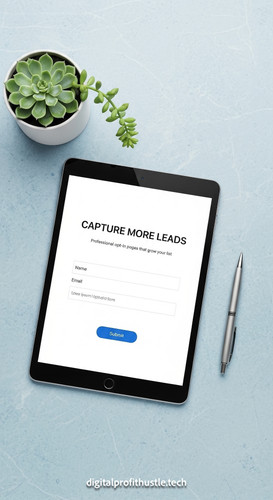 56 Flat lay of an iPad on a light blue stone background showing a lead capture form a silver pen and.jpg