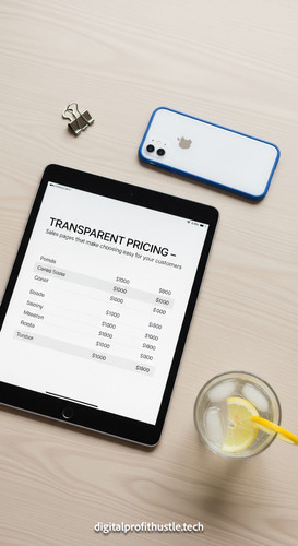 54 Flat lay of an iPad displaying a pricing table a silver paperclip a white iPhone with a blue case.jpg